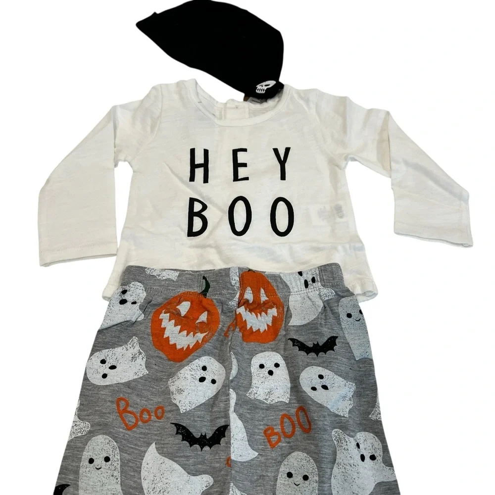 Mud Pie Hey Boo Halloween Outfit Set Bodysuit Pants Hat 6–9M NEW